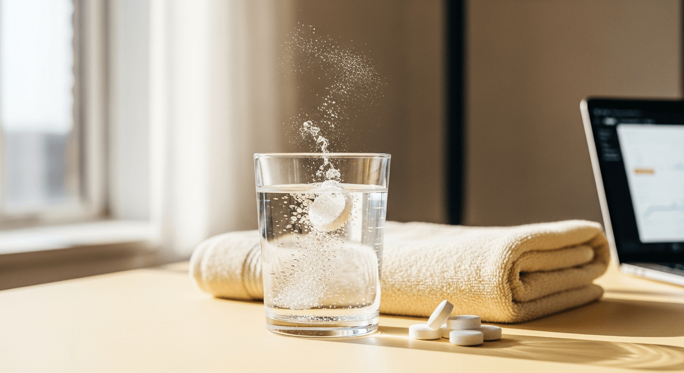 A glass of water with a dissolving electrolyte tablet surrounded by a gym towel and loose tablets in natural light.