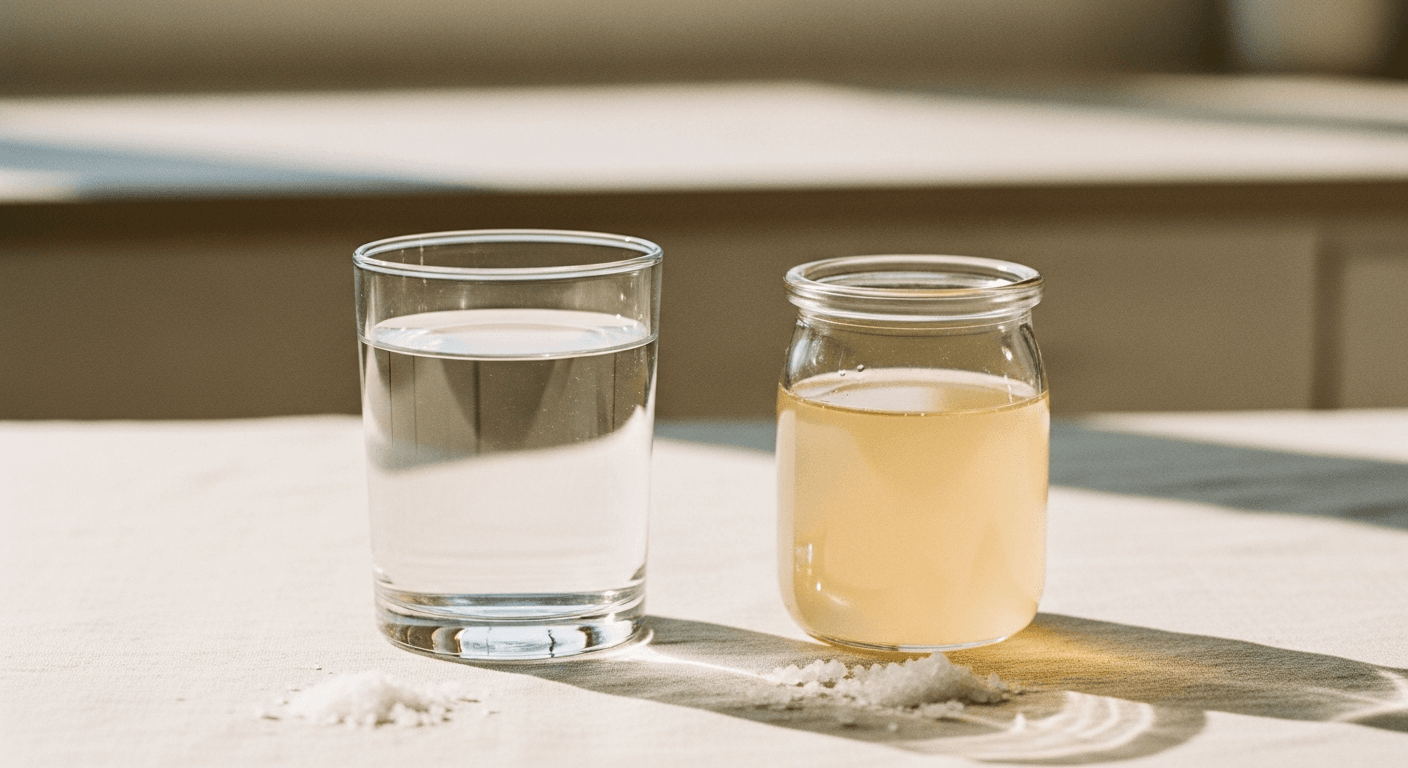 A clear glass of water and a small glass of pale amber electrolyte liquid side by side on a cream linen surface.