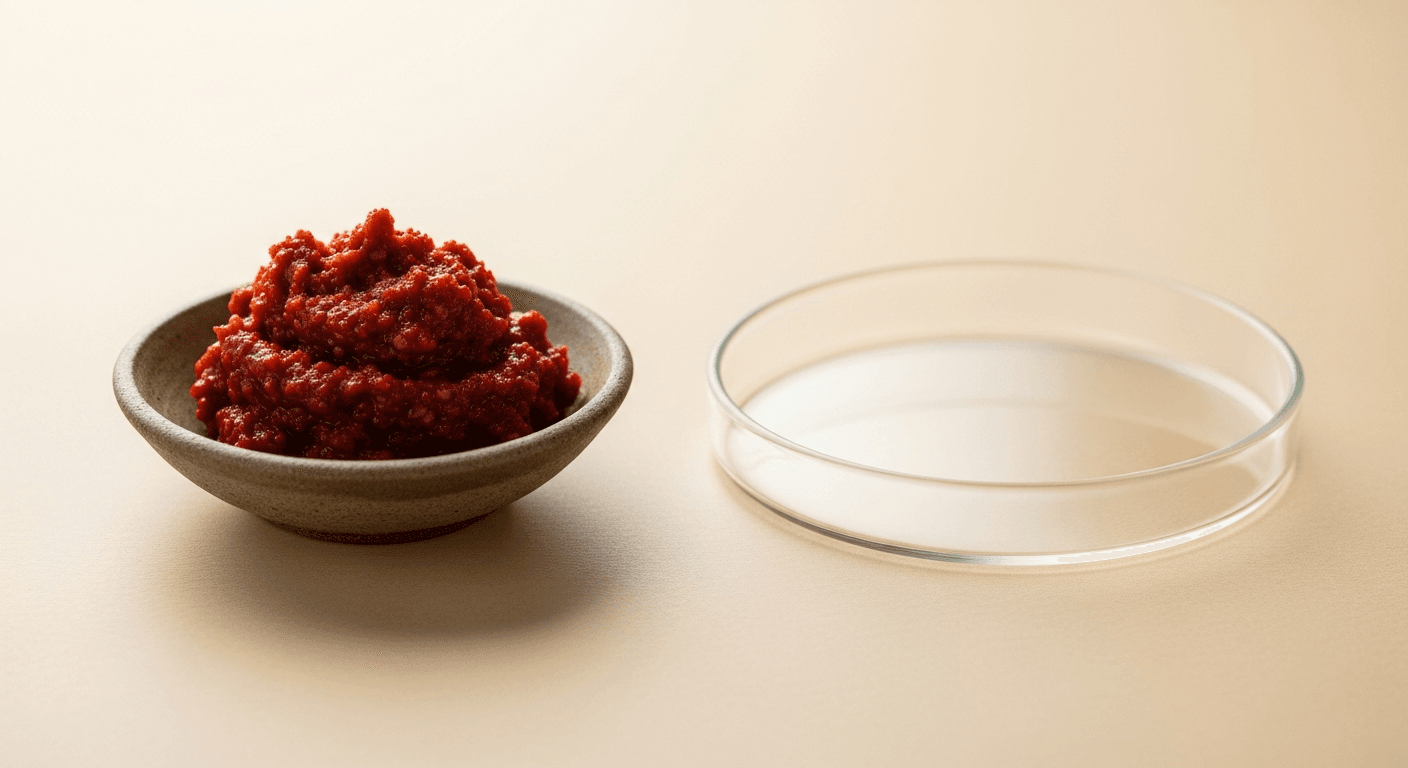 A bowl of deep red gochujang paste beside a clinical petri dish on a warm cream background.