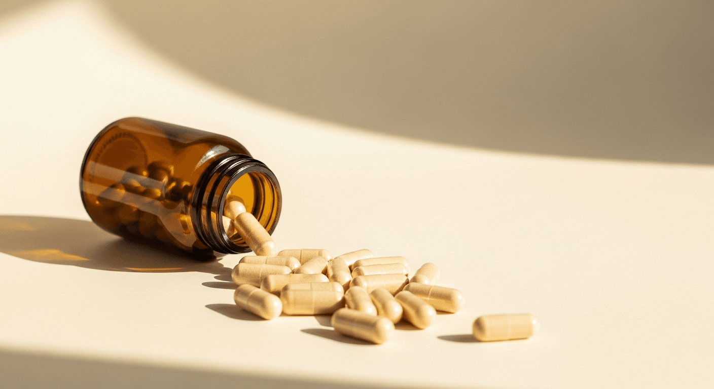 Amber glass supplement bottle tipped over with pale yellow capsules spilling across a warm cream surface.