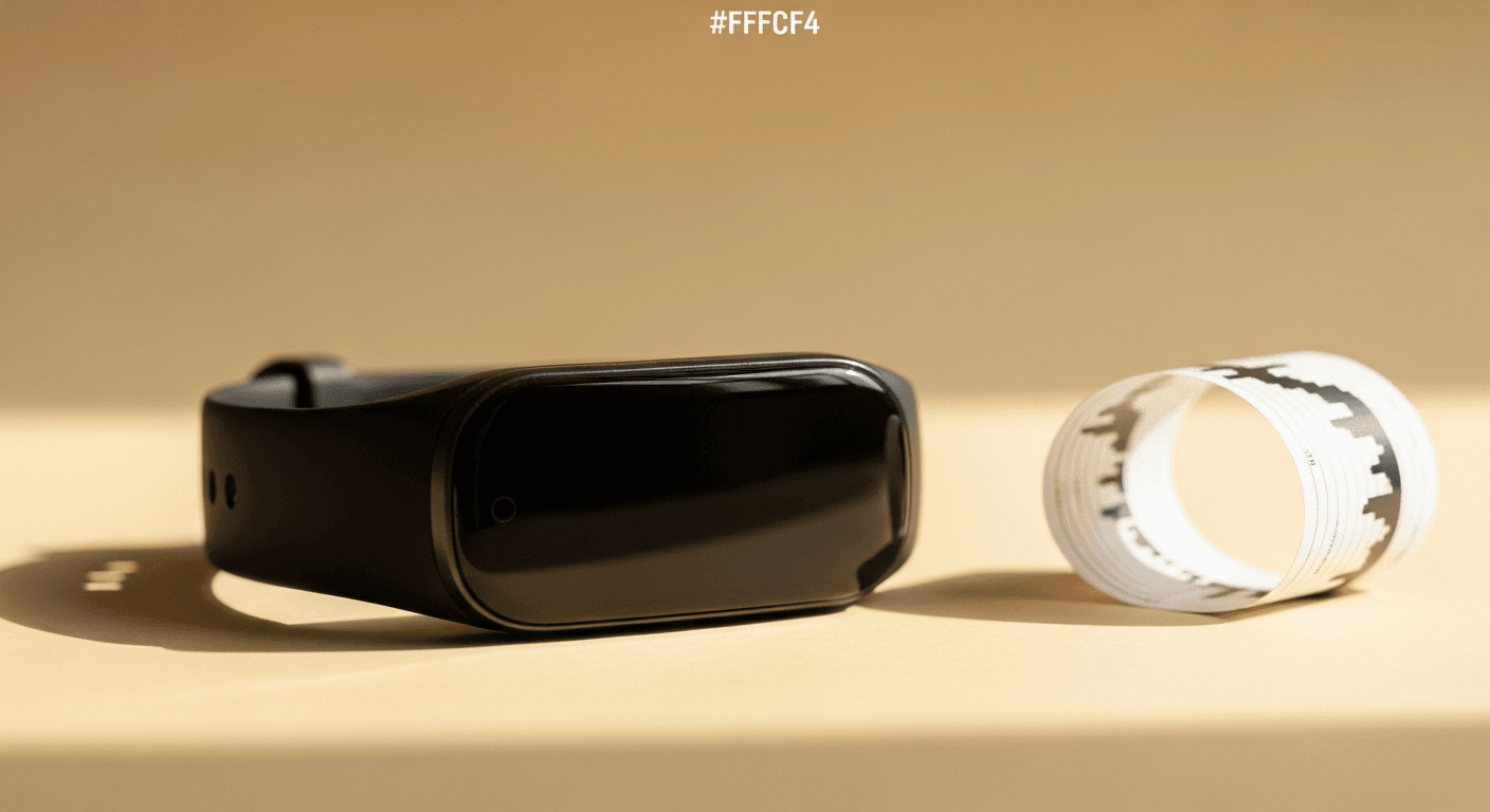 Black fitness tracker on warm cream surface with curved data visualization paper in soft golden light.