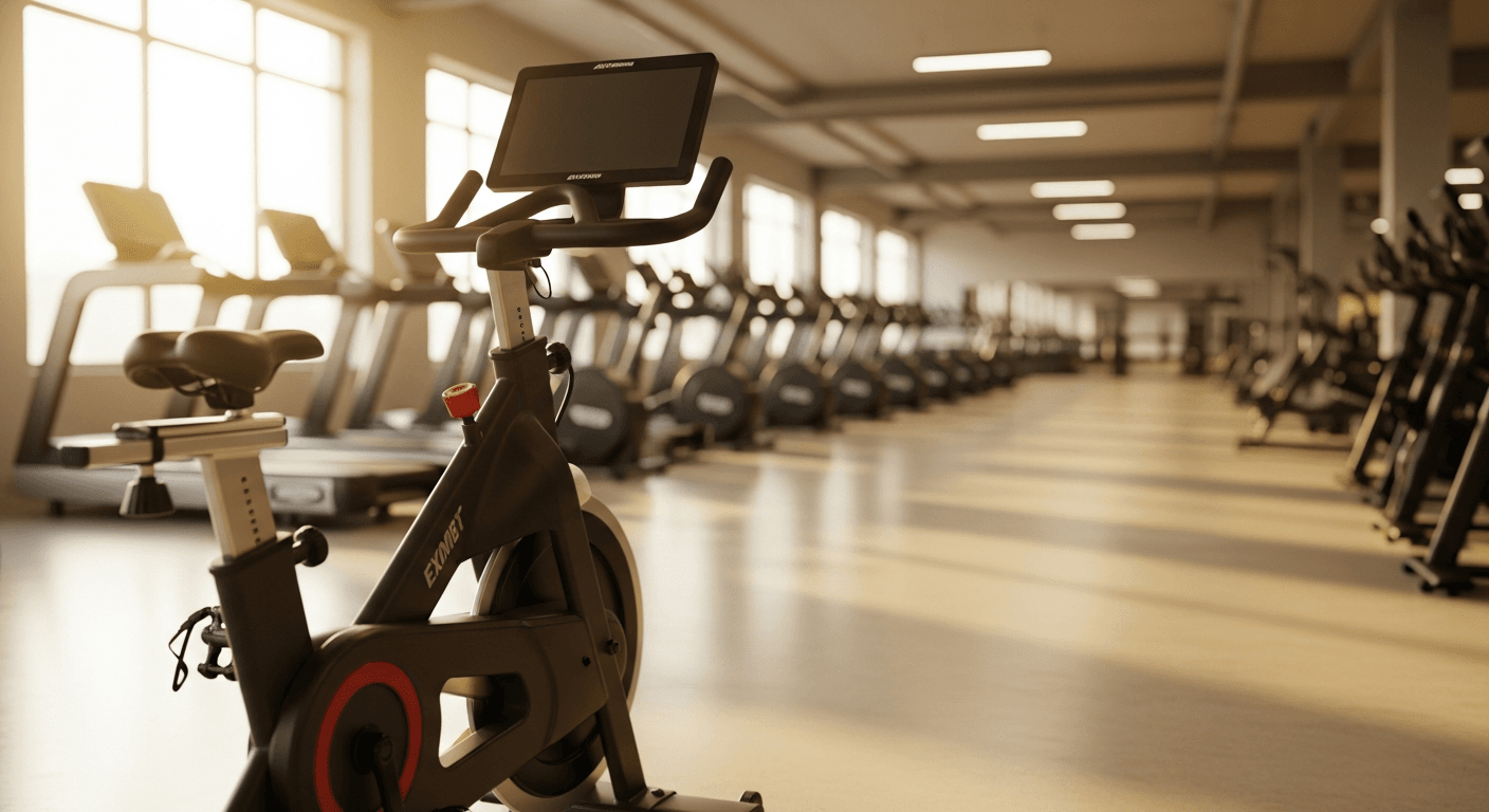 A sleek matte-black commercial stationary bike highlighted against a softly blurred gym interior in warm golden natural light.
