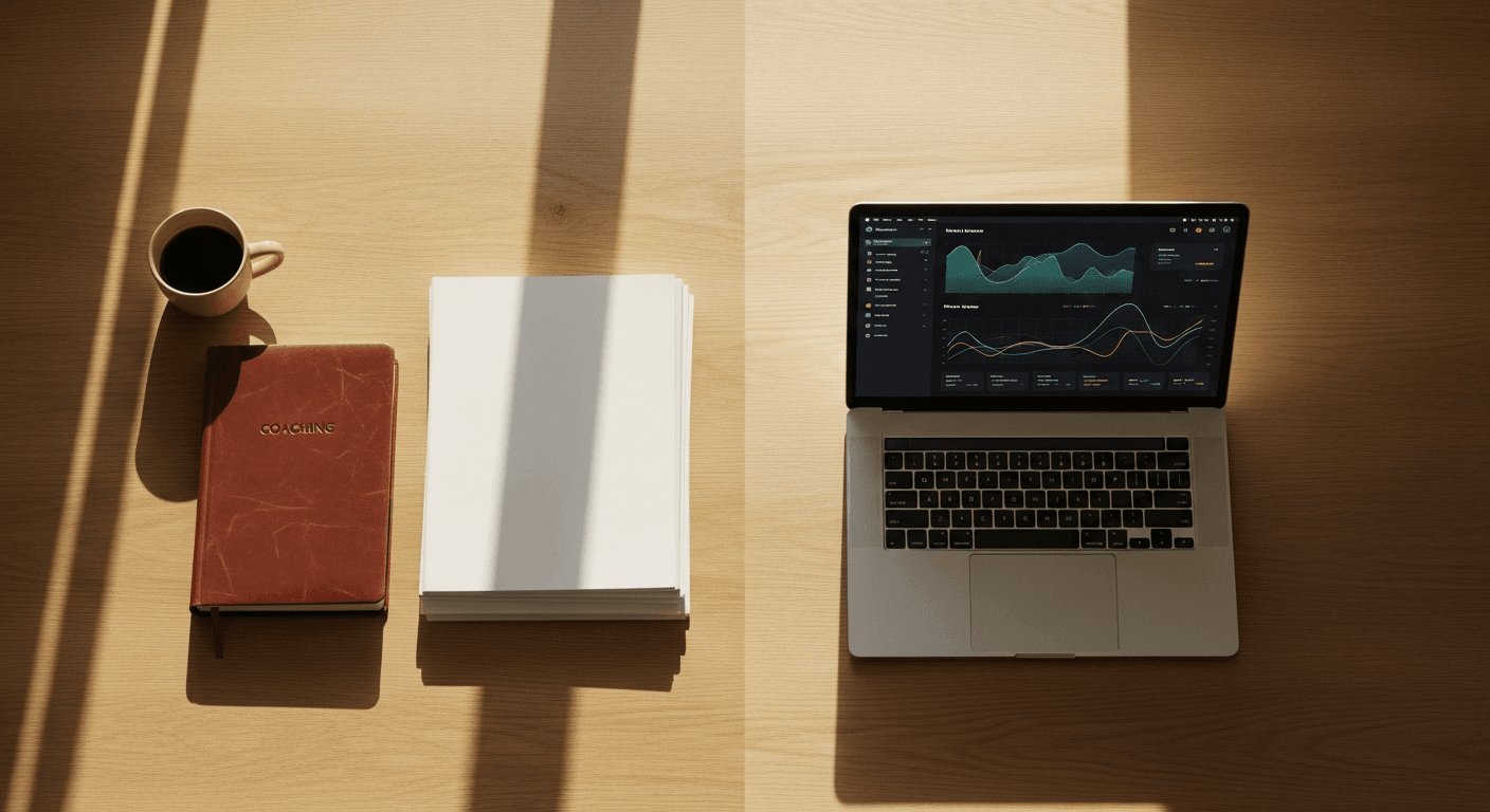 Flat lay composition showing a coaching journal and documents beside an open laptop on a light oak desk in warm golden light.