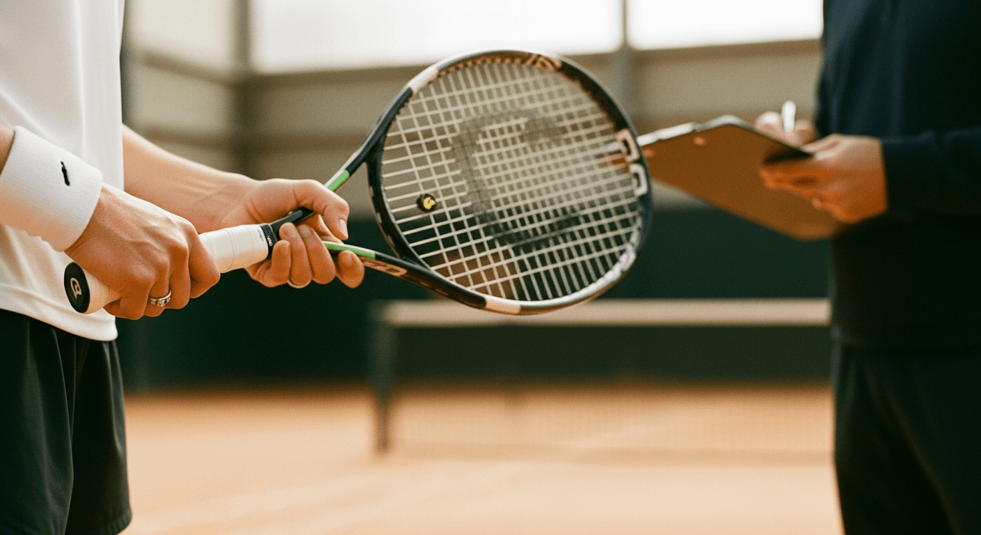 Close-up of a tennis player's ringed hand gripping a racket with a blurred coach holding a clipboard behind.