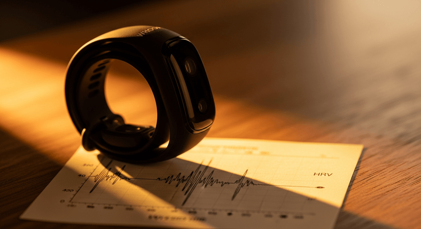 A black WHOOP fitness band coiled on a warm matte surface, lit by soft golden-hour light.