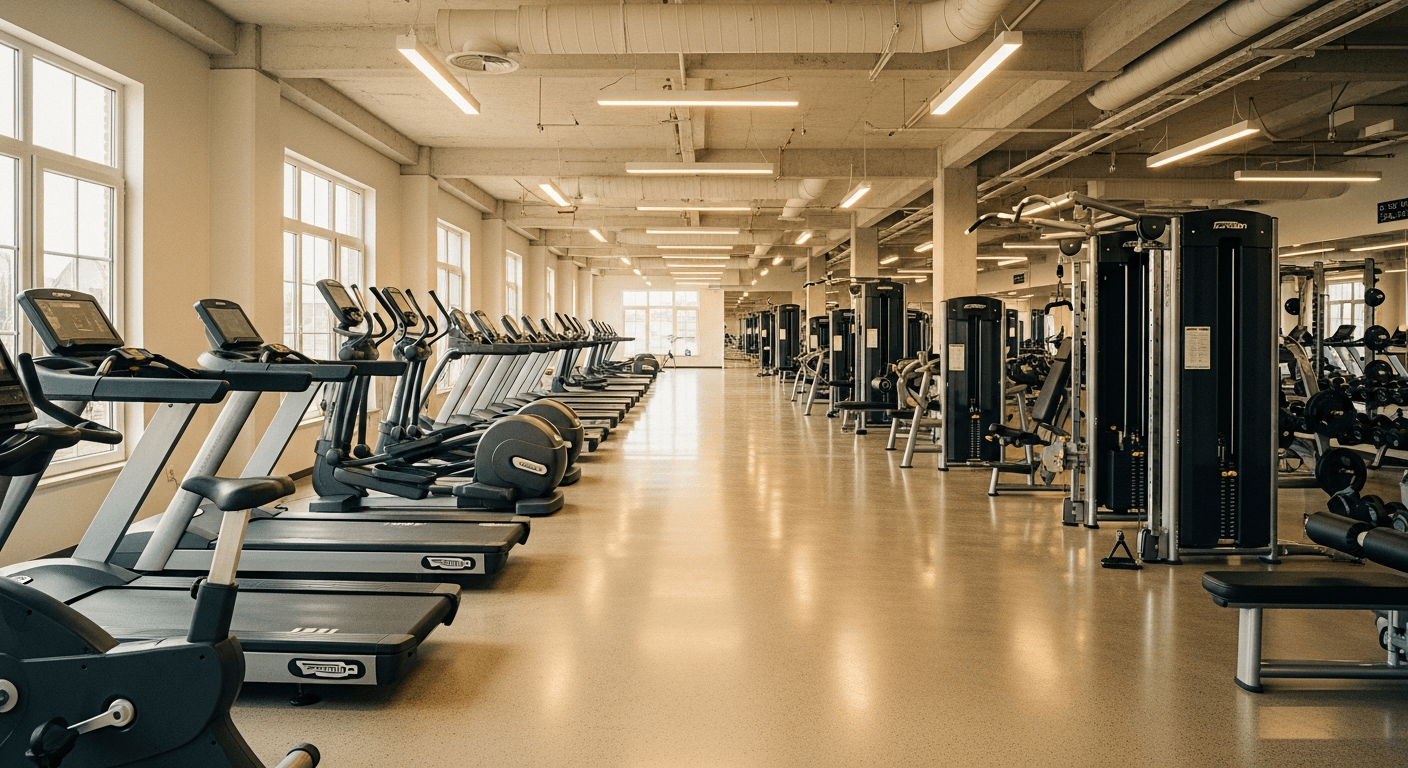 Modern gym interior with rows of cardio machines and equipment extending toward back wall under industrial ceilings with warm natural light.