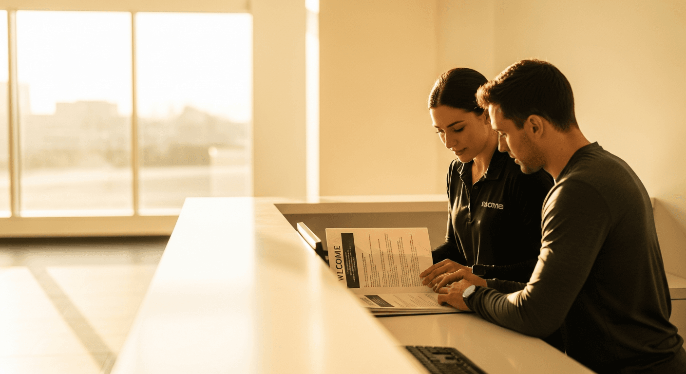 Gym staff member and new member review welcome materials together at a bright, modern reception desk.