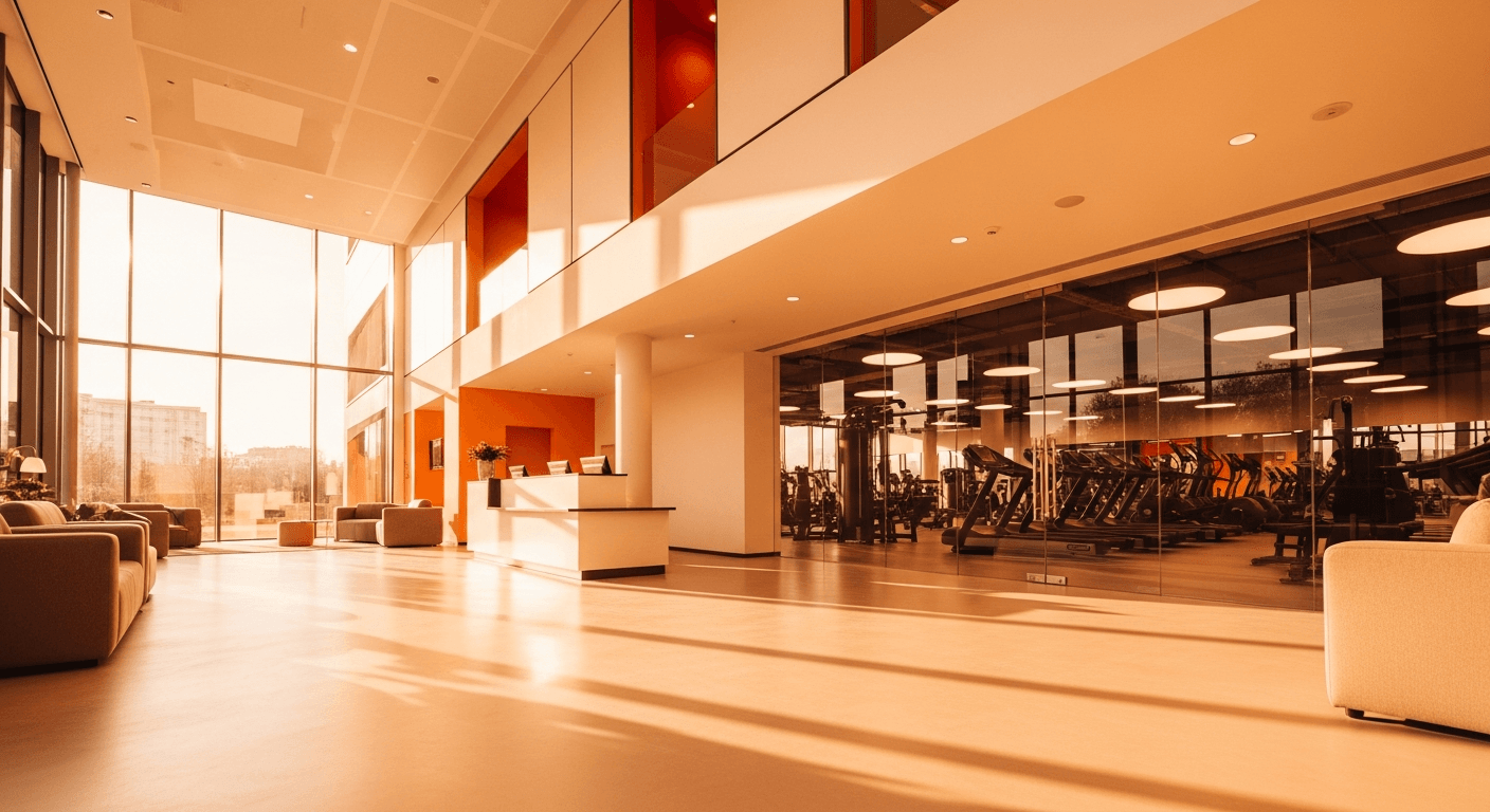 Modern upscale gym lobby with floor-to-ceiling windows, warm orange accents, and fitness equipment softly visible beyond glass partition.