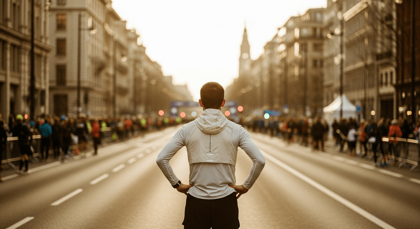 First-time marathoner standing at urban race start, hands on hips, gazing down the open road ahead.