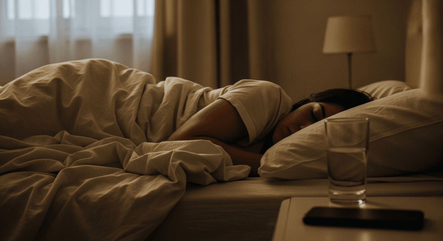 A person lying in bed at dawn, half-awake among rumpled sheets with a glowing phone on the nightstand.