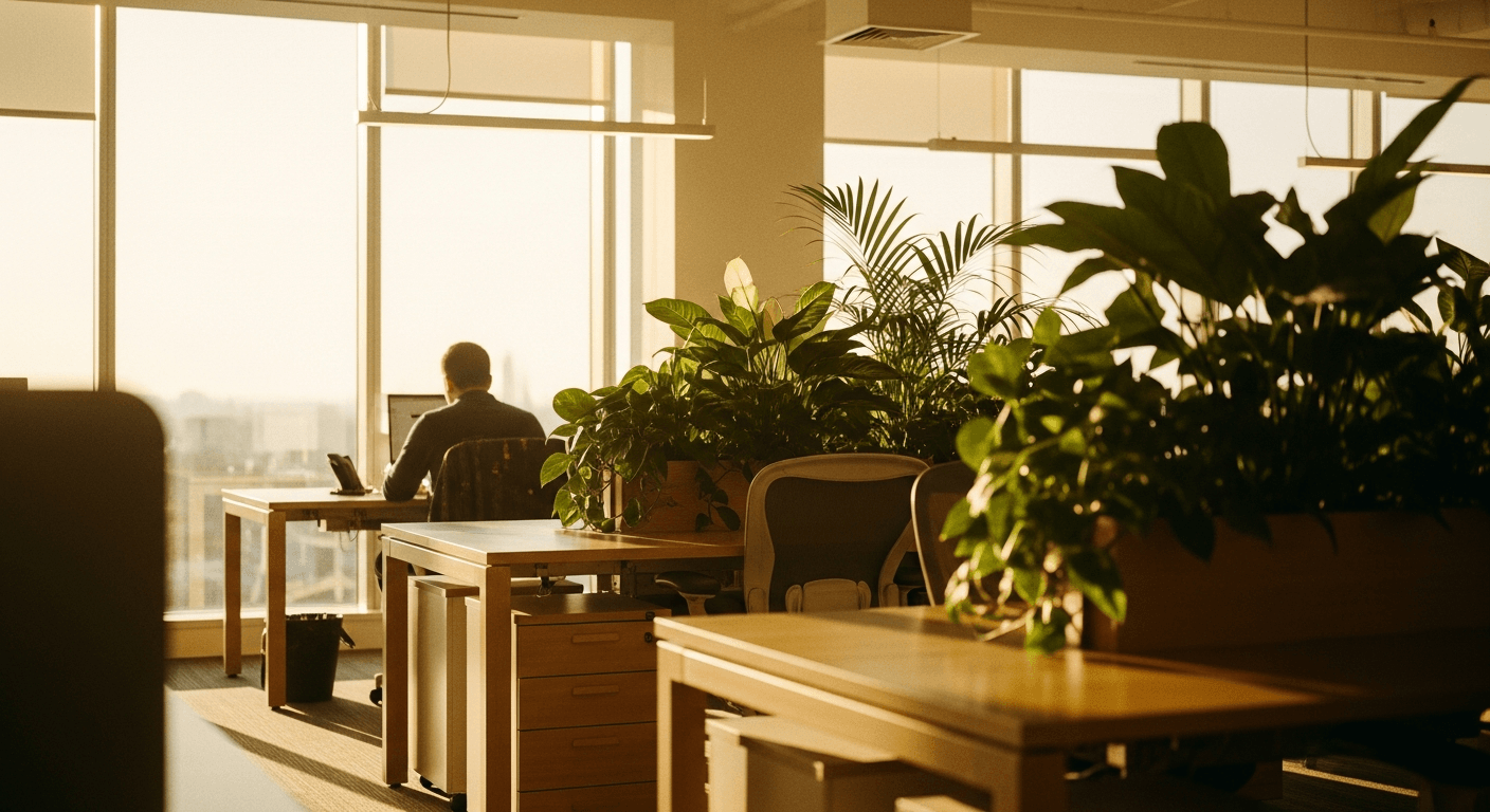 Modern office bathed in natural light with green plants and a person working at an ergonomic desk.