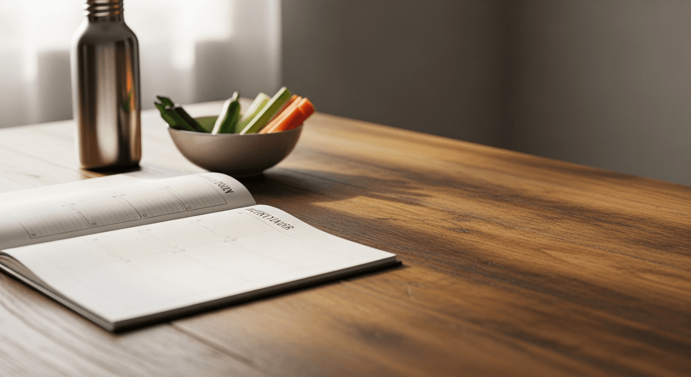 Wooden desk with open weekly planner, fresh vegetables, and water bottle in warm natural light.