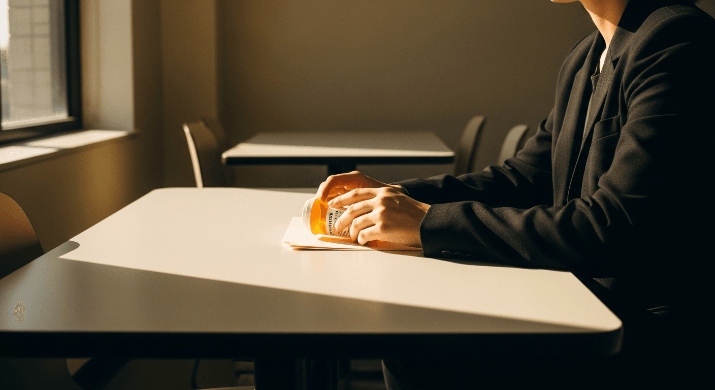 A person in a dark blazer discreetly conceals a prescription bottle under a folder at an office break room table.