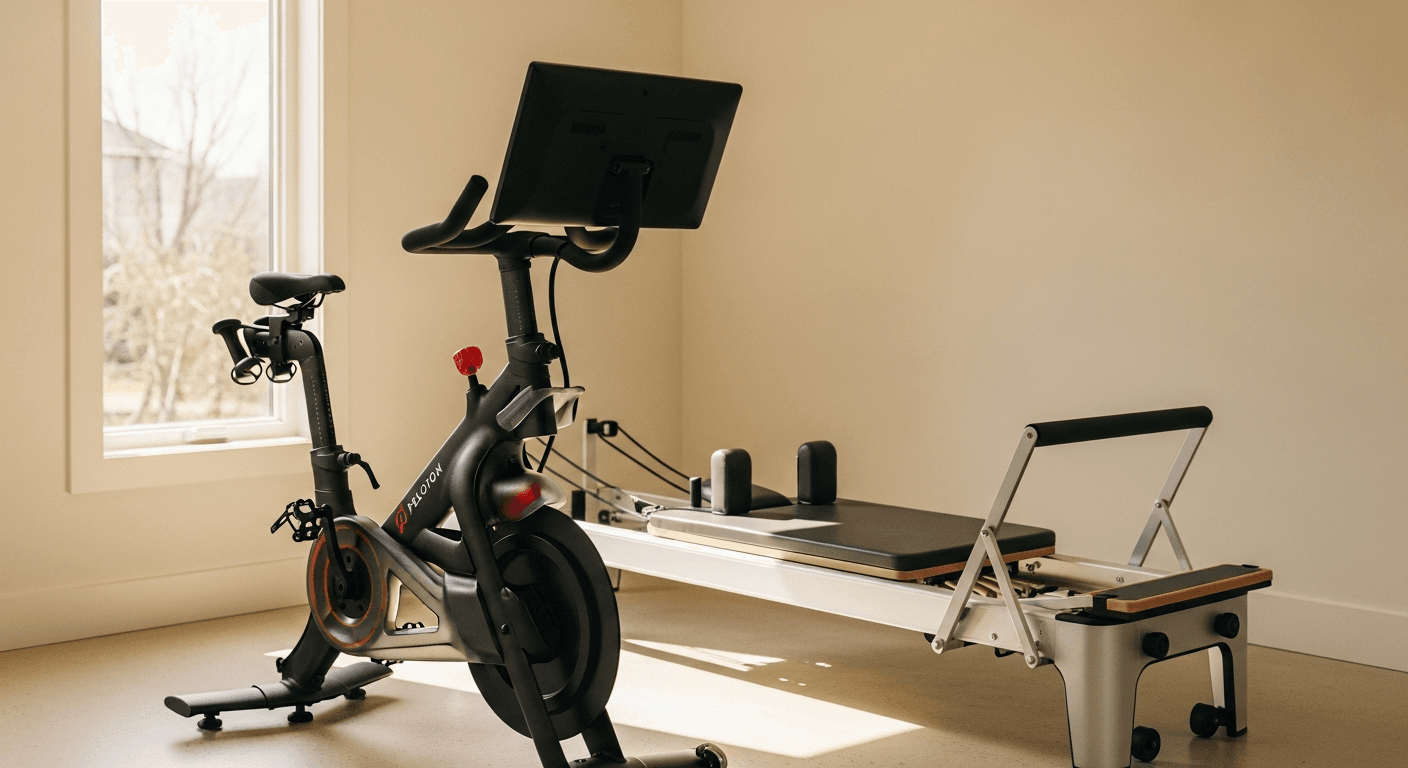Peloton bike and Pilates reformer side by side in a bright, minimalist home gym studio.
