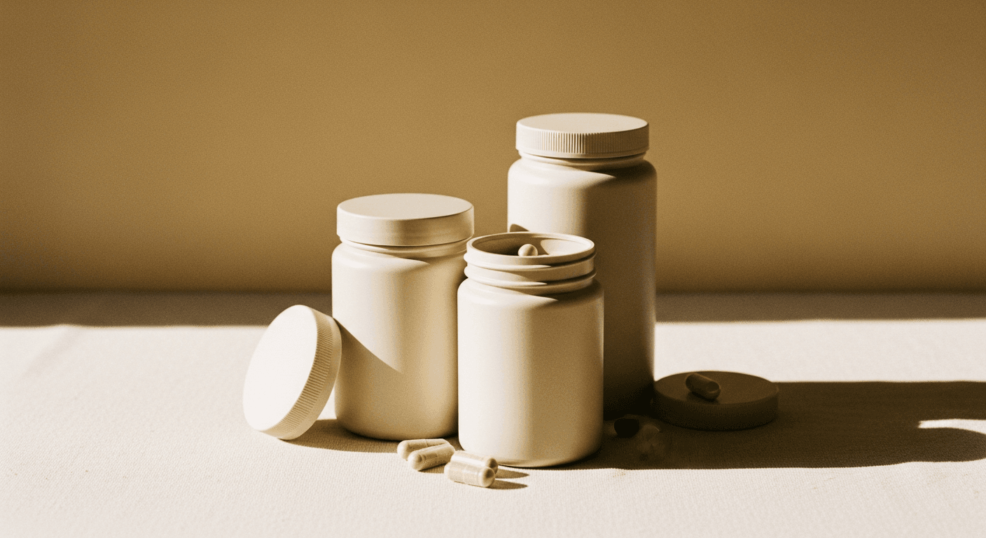 Three unlabeled supplement jars with loose capsules scattered on a warm cream surface in soft golden light.