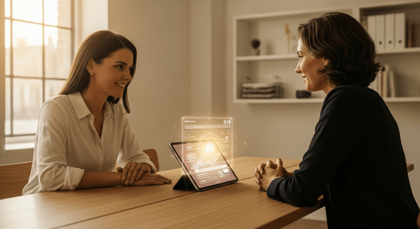 A coach and client lean toward a tablet together at a bright oak table in warm natural light.