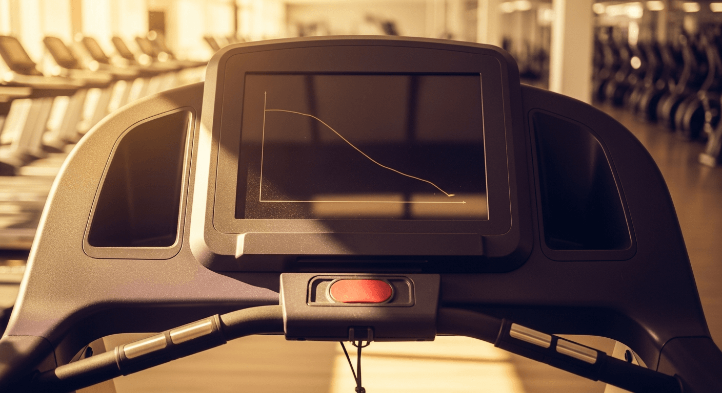 Gym treadmill console reflecting a declining curve in an empty, abandoned fitness facility.