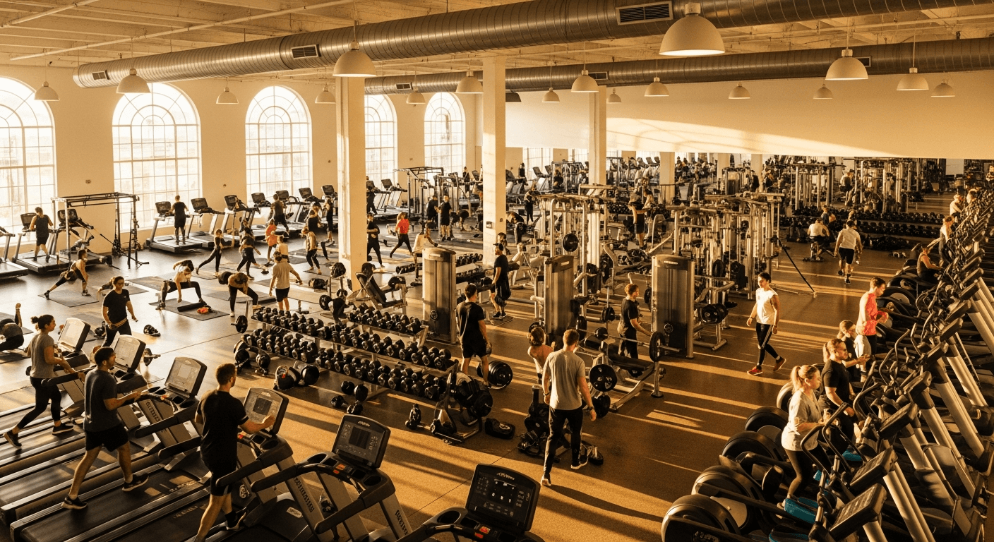 Overhead view of a busy mid-scale gym filled with dozens of members actively training under warm natural light.