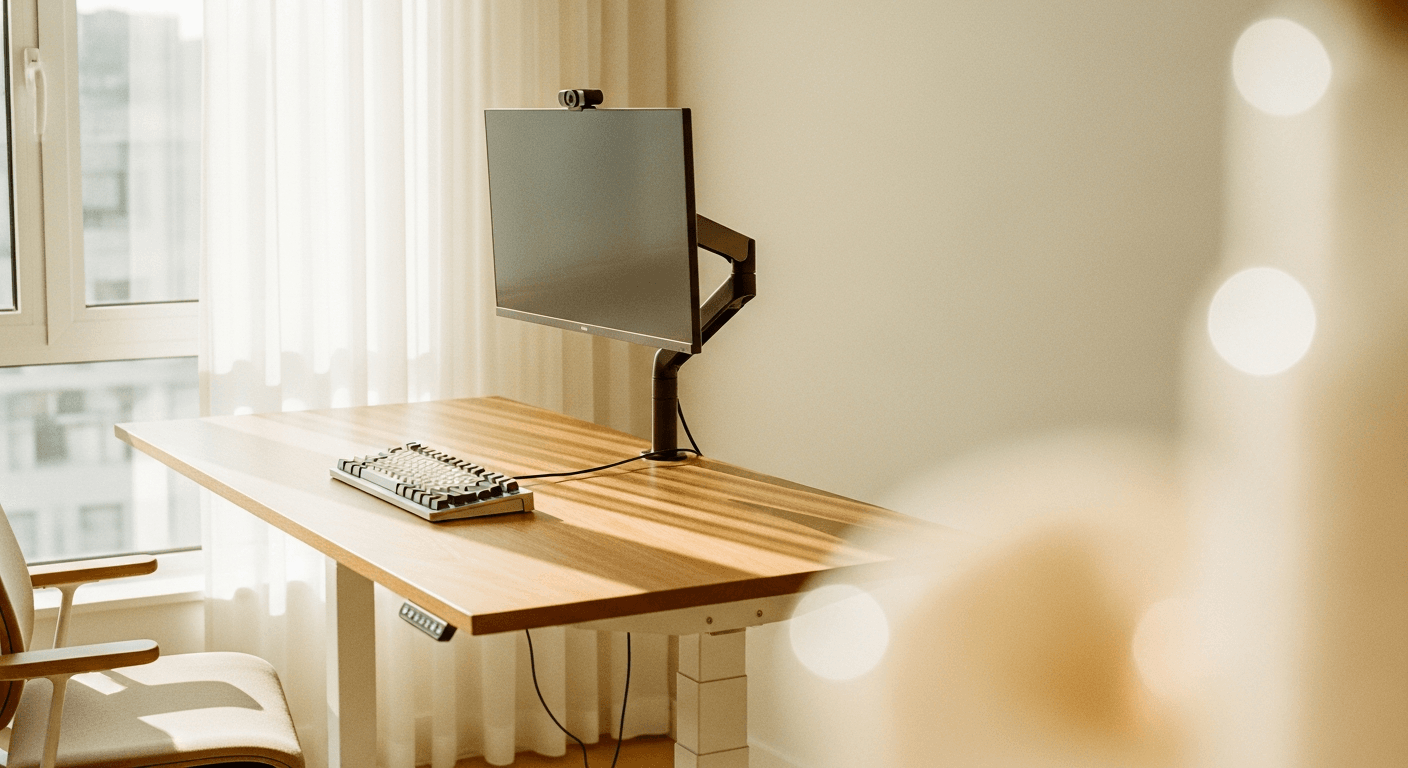 Modern standing desk workstation with keyboard and monitor arm in warm natural light from a side window.