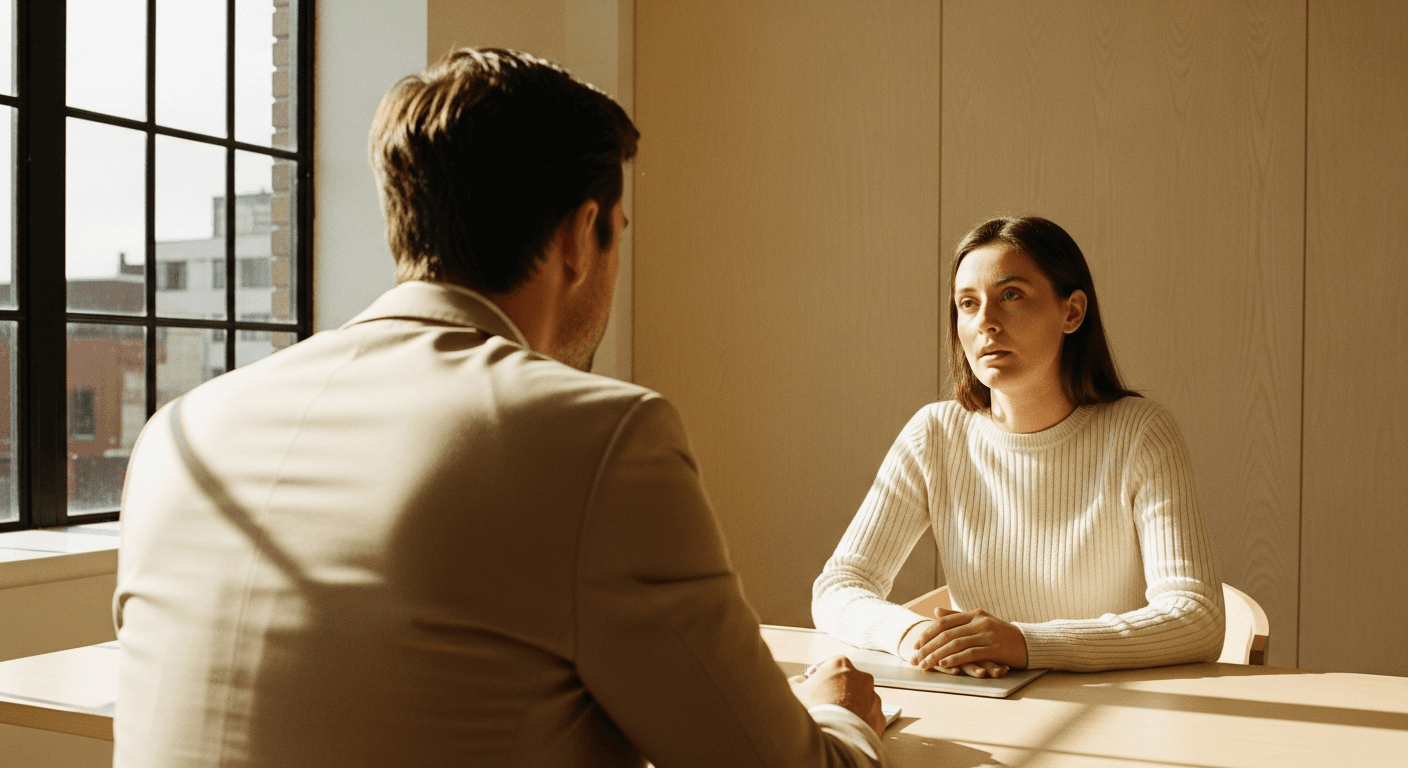 A manager leans toward an employee across a desk, her expression shifting from exhaustion to quiet relief.