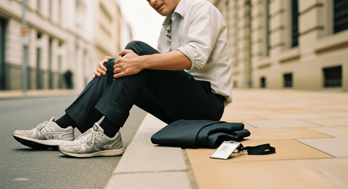 Office worker sitting on a curb gripping their knee in pain, wearing dress shirt and running shoes.