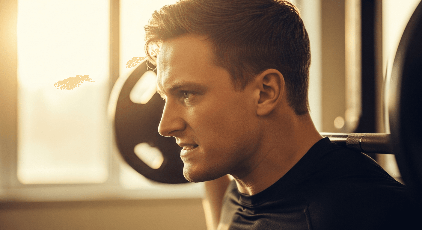 Male athlete straining during heavy overhead press, face sculpted by warm golden light in focused effort.