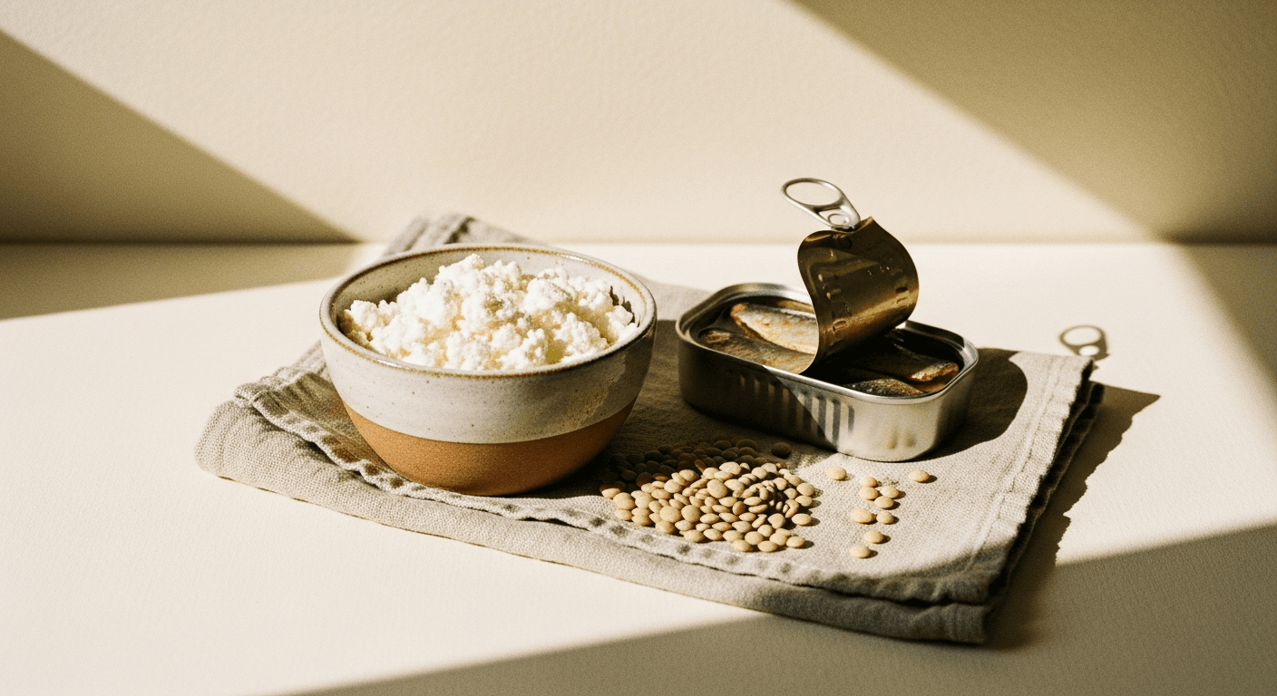 Bowl of cottage cheese, tin of sardines, and dried lentils arranged on warm linen in golden light.
