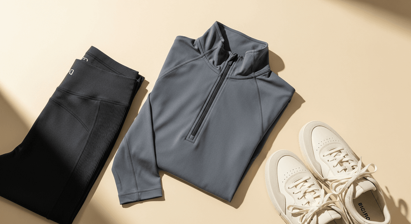 Folded premium athleisure pieces: charcoal leggings, slate quarter-zip, and cream sneakers on neutral background.