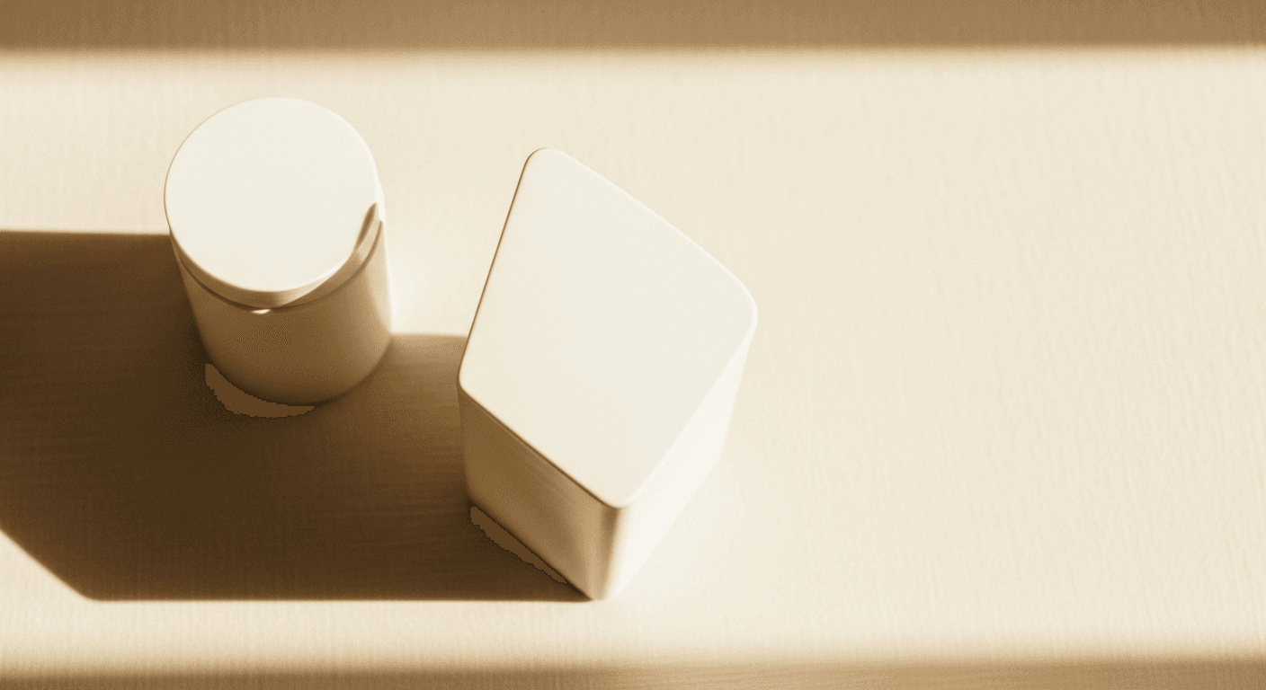 Two minimalist supplement jars side by side on a cream surface in warm golden natural light.