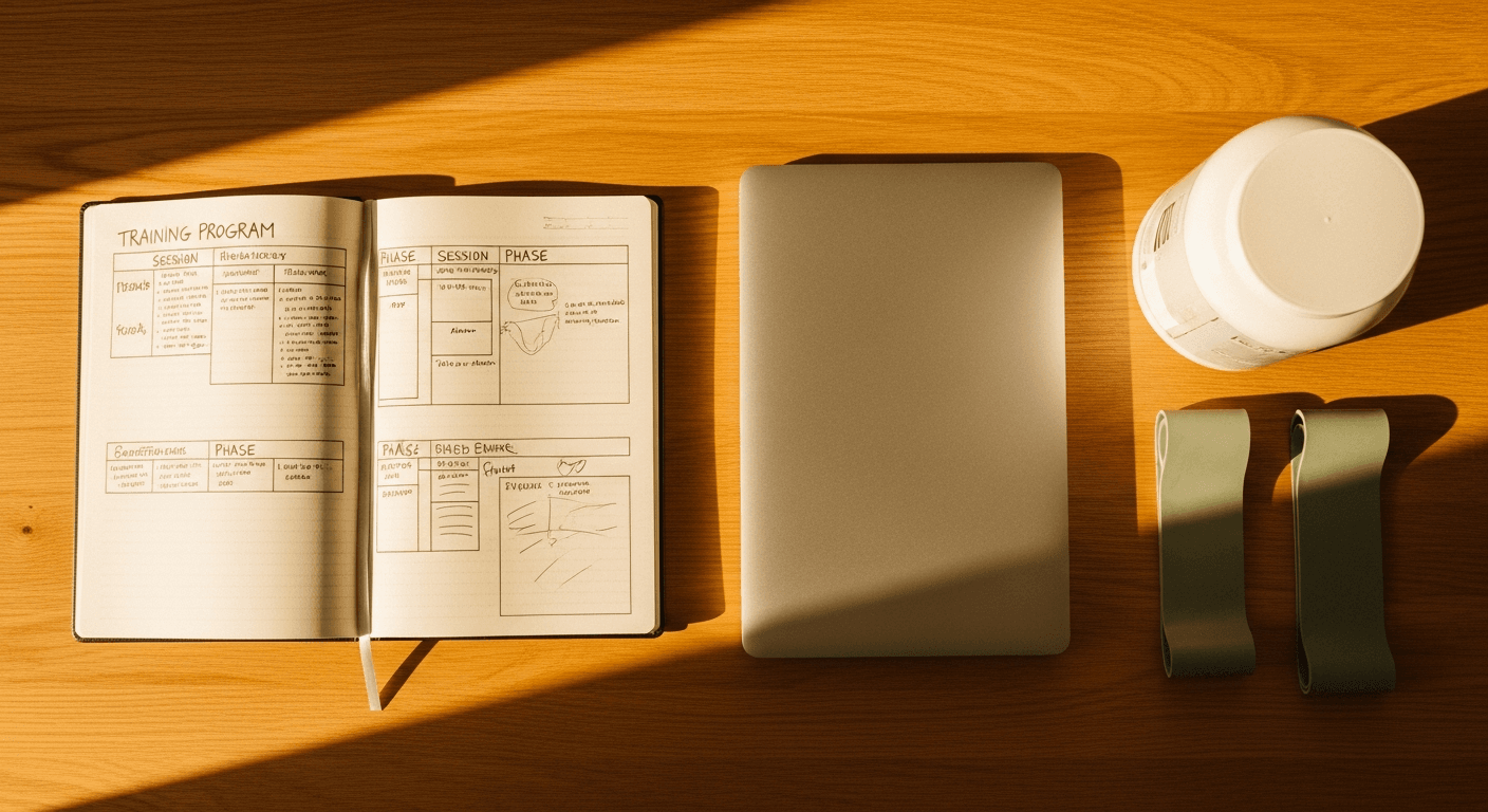 Open training notebook with revenue graph, protein tub, and resistance band on warm wooden surface.