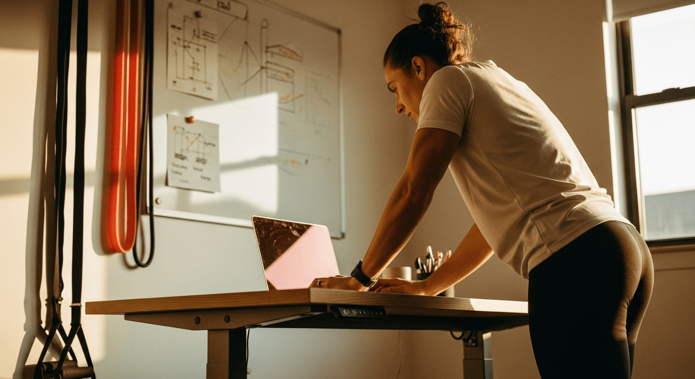 A fitness coach in athletic wear works at a standing desk in warm natural golden light.
