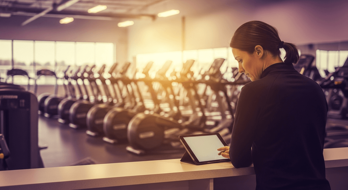 A gym manager in dark athletic wear reviews a tablet at the front desk of a spacious fitness facility.
