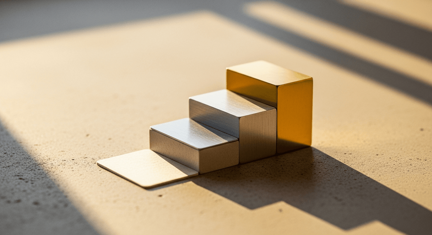 Three membership cards arranged as ascending steps—cardstock, aluminum, gold—on concrete in golden light.