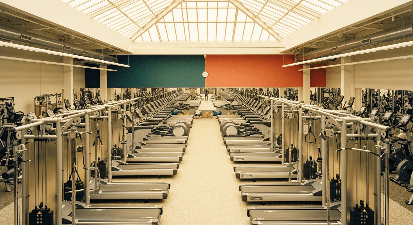 Modern gym interior with rows of treadmills and cable stations, featuring contrasting teal and coral accent walls under warm natural light.