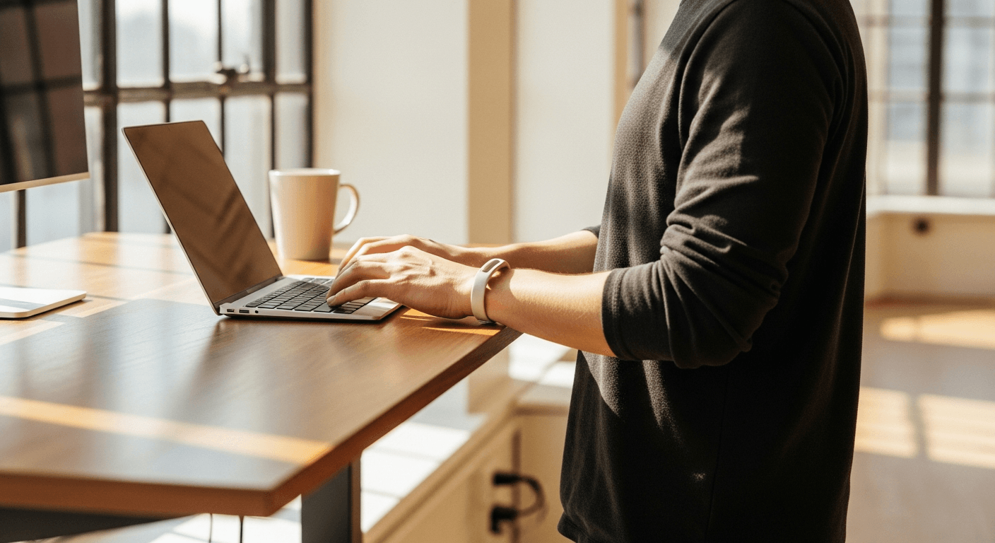 Person standing at a minimalist desk, typing with engaged posture in a bright open-plan office with natural light.