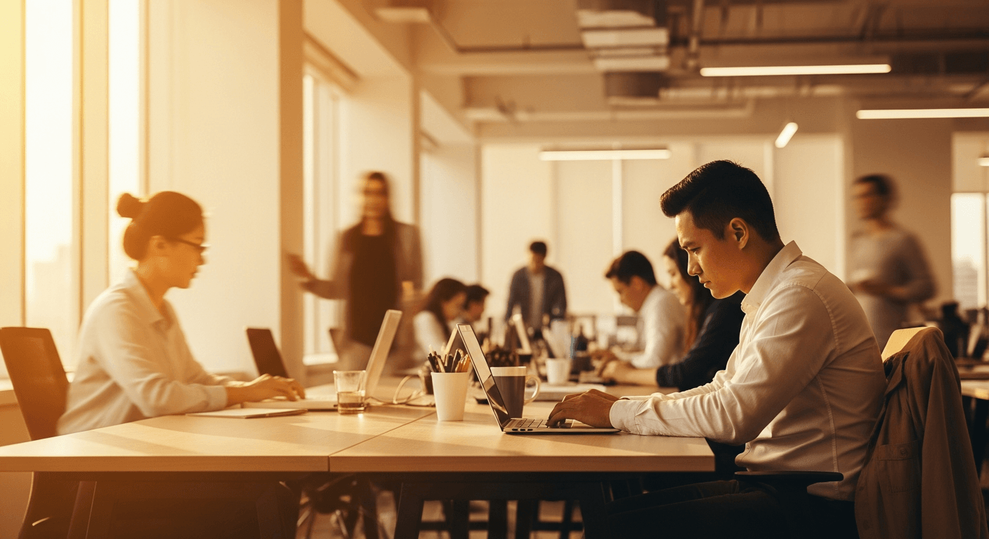 A motionless worker sits at their desk in a busy office while colleagues blur past in the warm golden background.