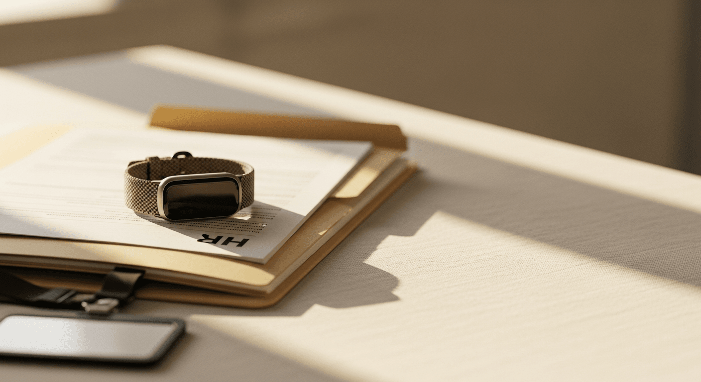 A fitness tracker rests on an open HR folder with a blank ID badge in warm office lighting.