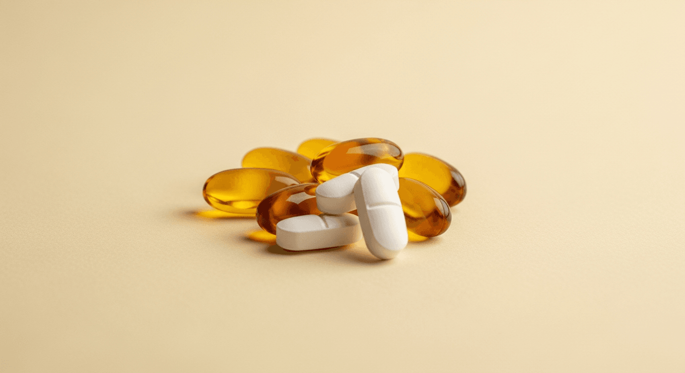 Macro close-up of translucent amber capsules and white tablets scattered on a warm cream background.