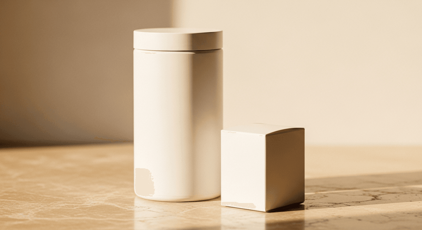 Two minimalist white clinical nutrition containers on warm marble with soft natural light.