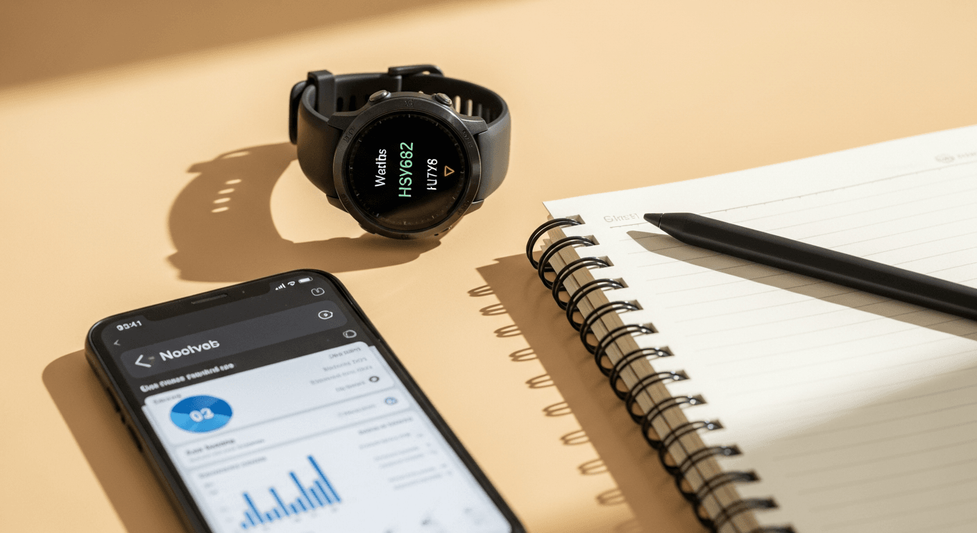 A sleek black GPS smartwatch and open spiral notebook on a warm cream surface in soft natural light.