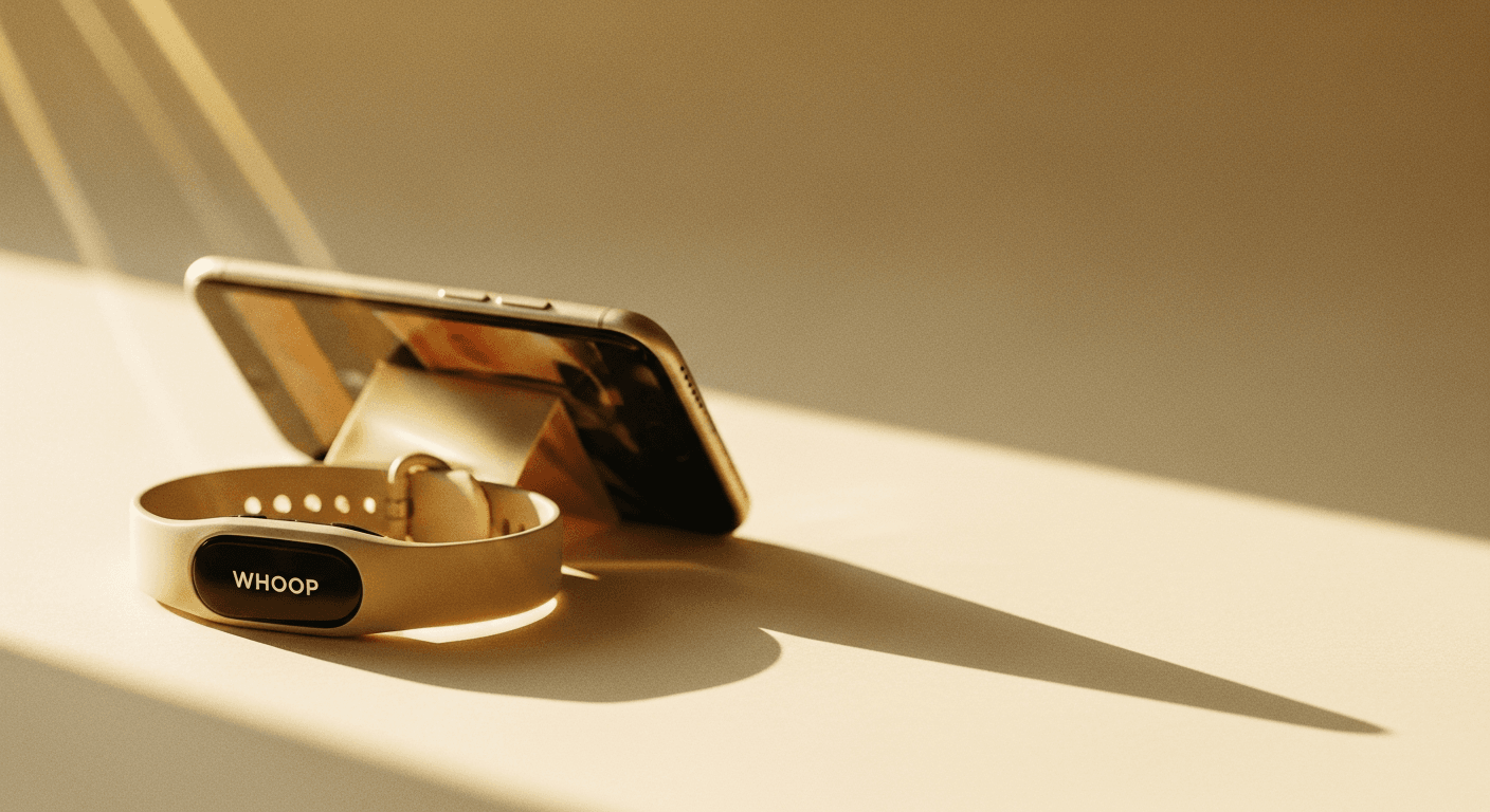 A WHOOP fitness band on a cream surface with a smartphone behind it, lit by soft golden morning light.