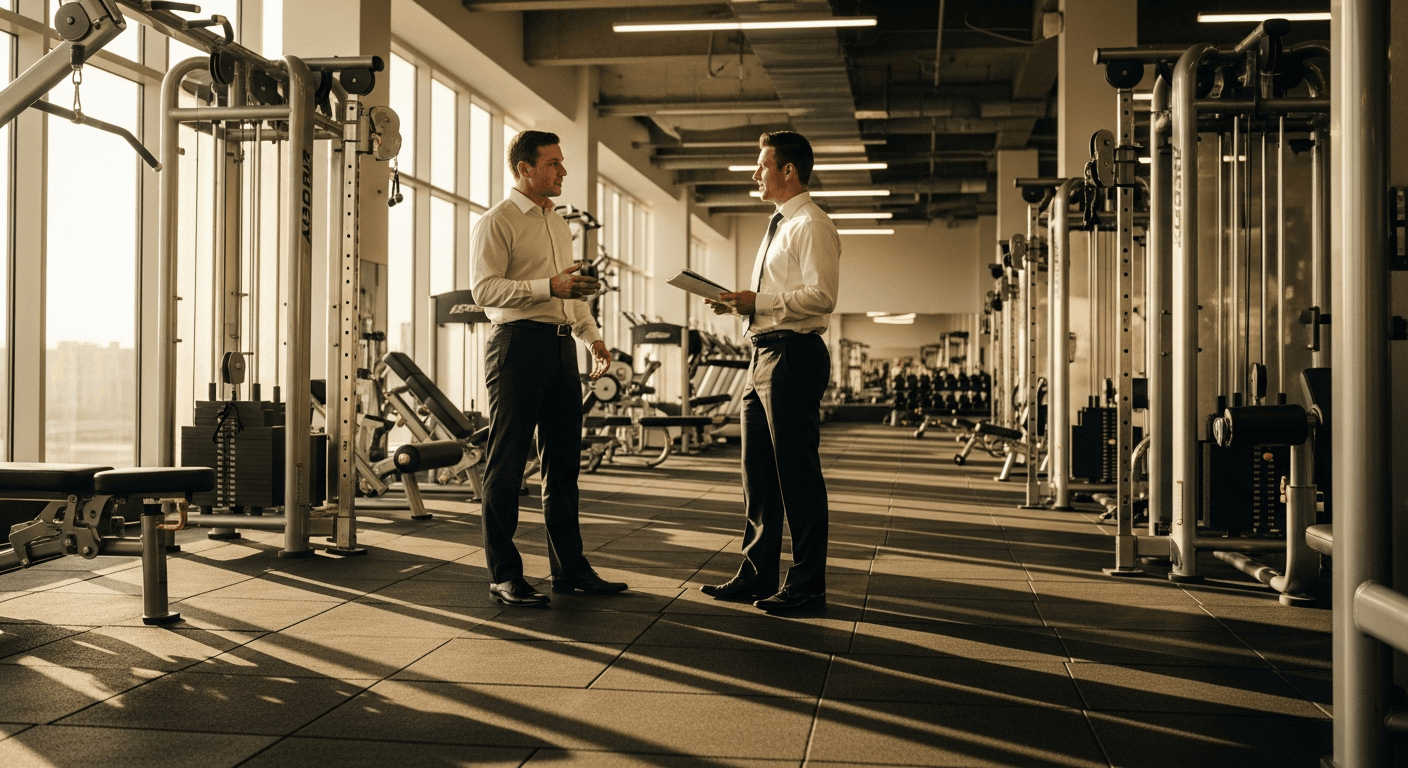 Two executives in business attire discuss expansion plans on a gym floor filled with equipment, bathed in golden afternoon light.