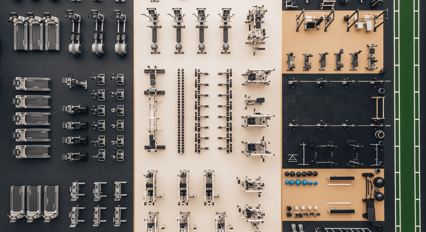 Overhead view of a premium European gym with equipment arranged in geometric rows and three distinct merged training zones in warm tones.