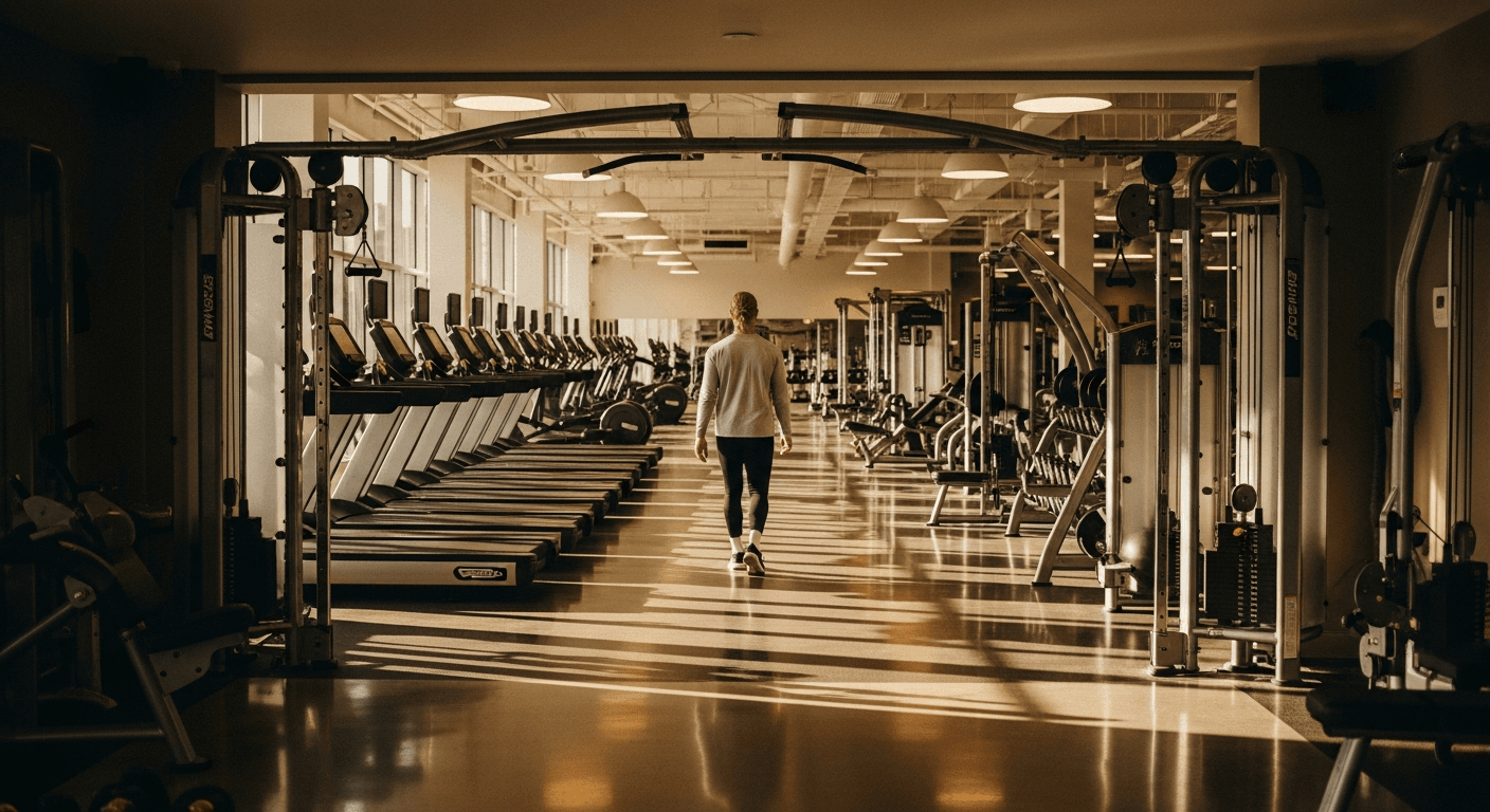 A solitary gym member walks toward treadmills in an empty, sunlit fitness facility.