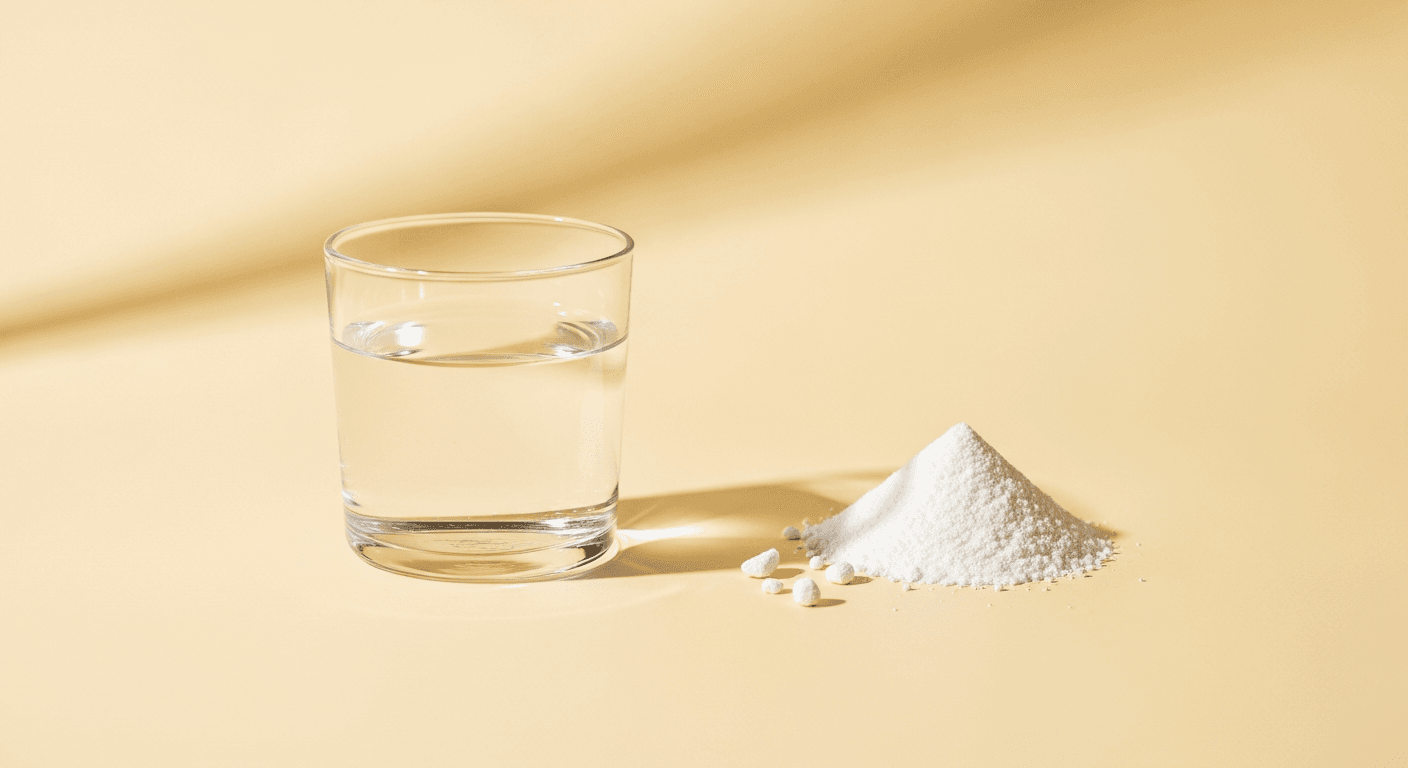 Glass of water next to a mound of white creatine powder on a warm cream surface in soft natural light.