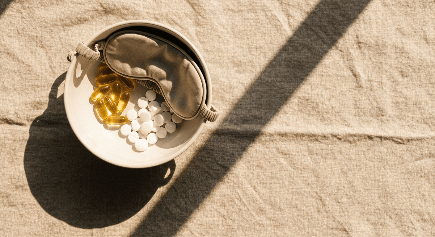 White bowl with recovery supplements on warm linen, lit by soft natural morning light.