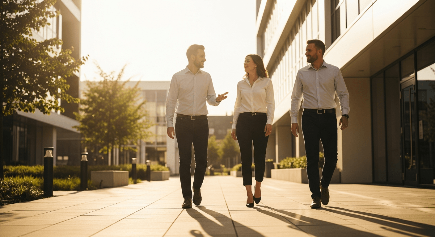 Three colleagues in business-casual attire walk together through a sunlit courtyard next to a modern office building.