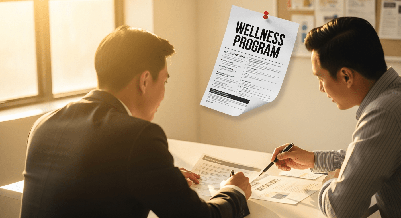 Two colleagues review a document at a desk while a wellness program flyer sits neglected on the office wall behind them.