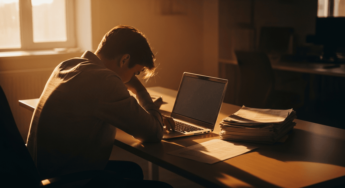 Person seated at cluttered desk with head bowed, bathed in soft golden late-day office light.