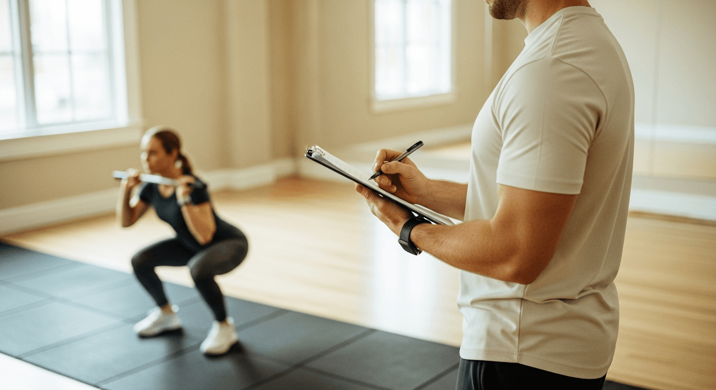 A personal trainer takes notes on a clipboard while coaching a client performing a squat in a bright gym.